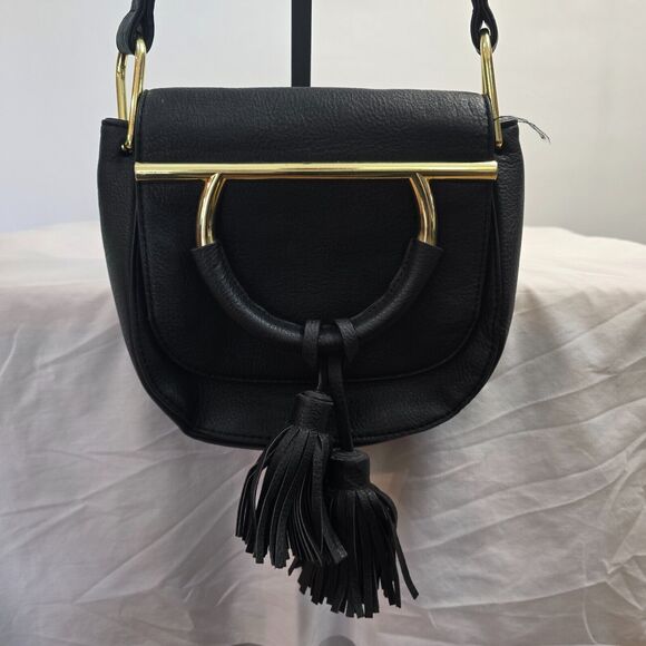 Steve Madden Crossbody Bag Faux Leather Fringe Tassels Black 10" x 9" x 3" - Picture 1 of 13